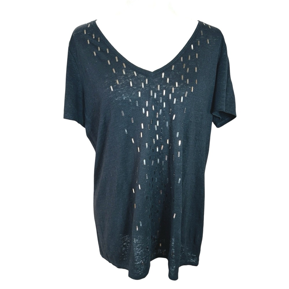 Eileen Fisher Linen Beaded Top Large‎  Minimalist Sheer Goth Quiet Luxury Chic